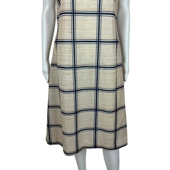 Vintage 70s Polyester Dress Women's Medium Striped Plaid Blue Cream Shift - Picture 6 of 11